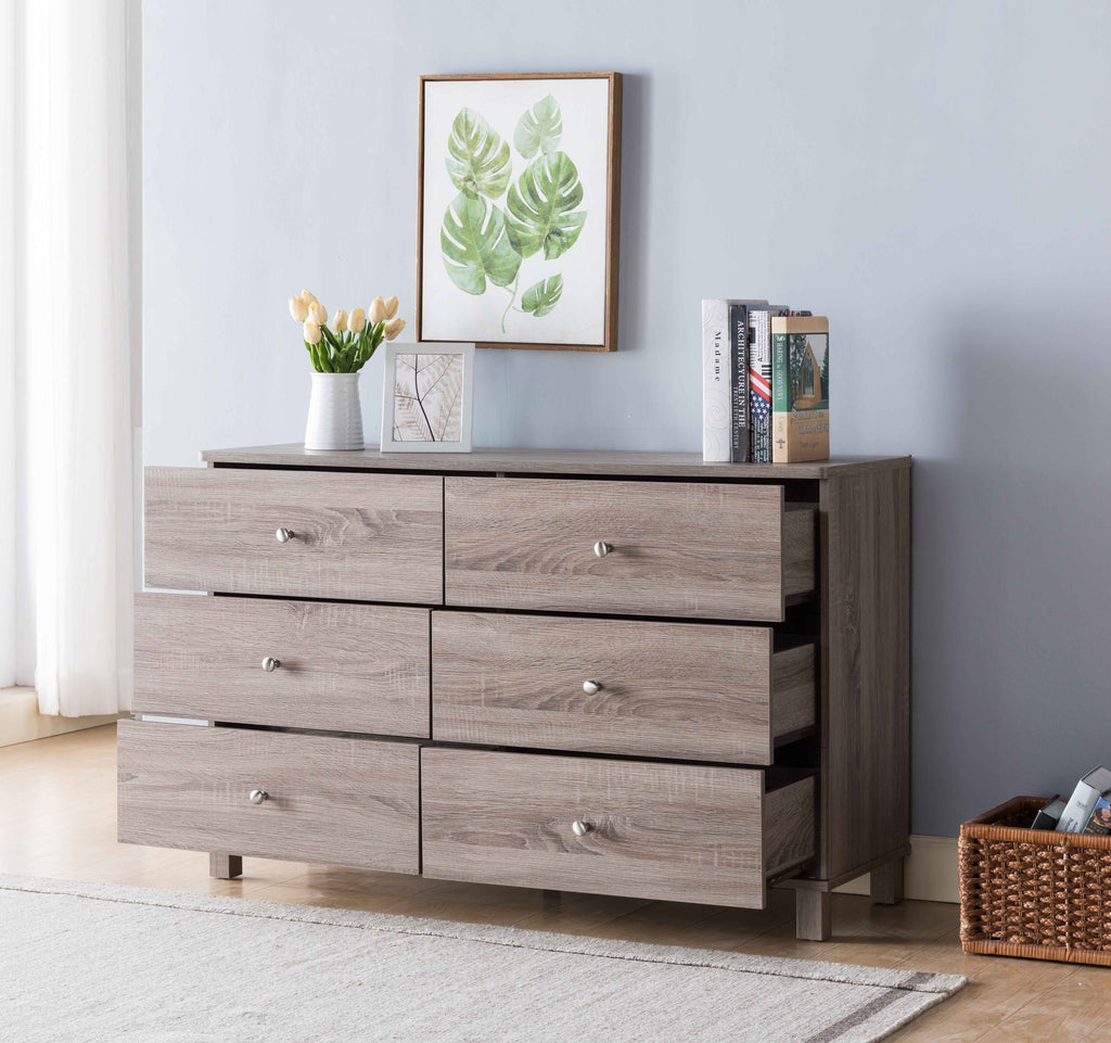 Leoglint Drawer Chest Dresser Six Drawers with Metal Knob Handles - Brown