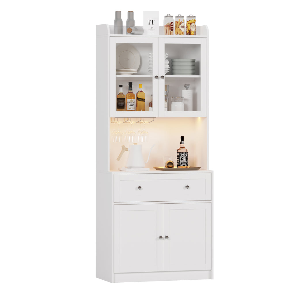 Leoglint Sideboard 75.2" Tall Kitchen Pantry Storage Cabinet with Lights and Charging Station, Modern Kitchen Hutch Bar Cabinet with Microwave Stand, Wood Buffet Sideboard with 1 Drawer for Kitchen, Dining Room