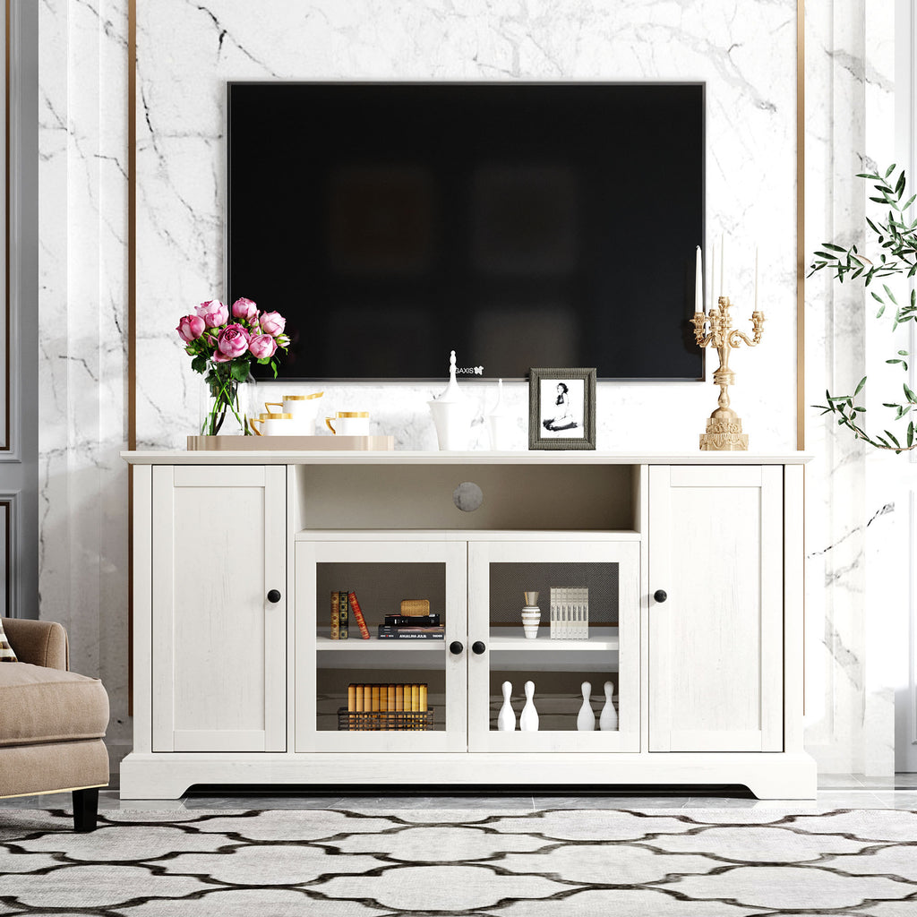 Leoglint U-Can TV Stand for TV up to 65in with 2 Tempered Glass Doors Adjustable Panels Open Style Cabinet, Sideboard for Living room, White