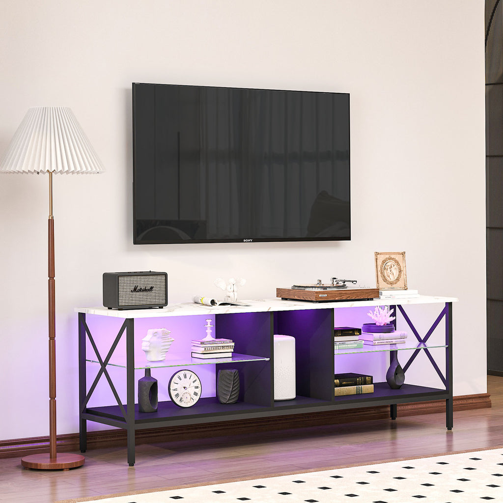 Leoglint TV stand,Iron TV cabinet,entertainment center, TV set, media console, with LED lights, remote control,toughened glass stand,can be placed in the living room, bedroom, color:white with marble texture