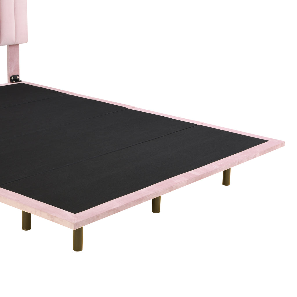 Queen Size Upholstered Bed Frame with Sensor Light and Headboard, Floating Velvet Platform Bed, Pink