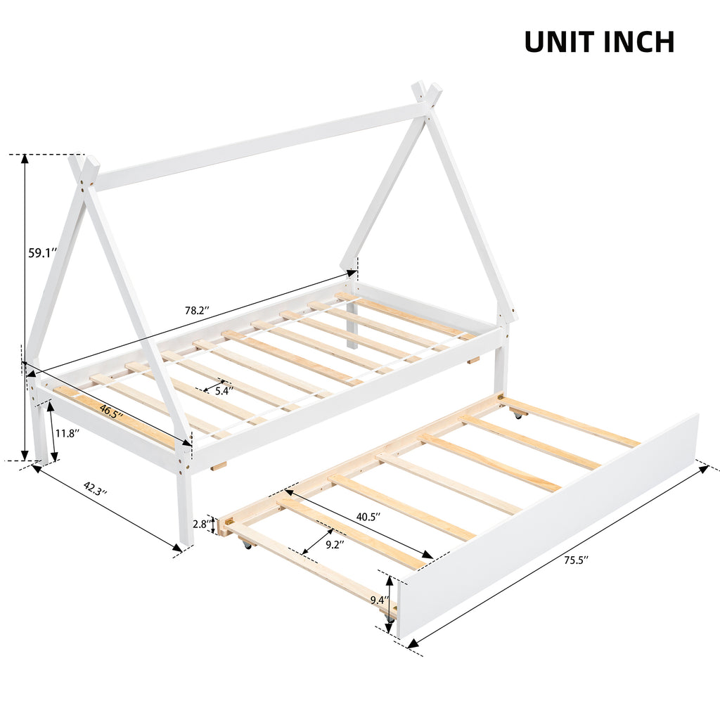 Leoglint Twin size Tent Floor Bed Frame, Teepee Bed, with Trundle,White