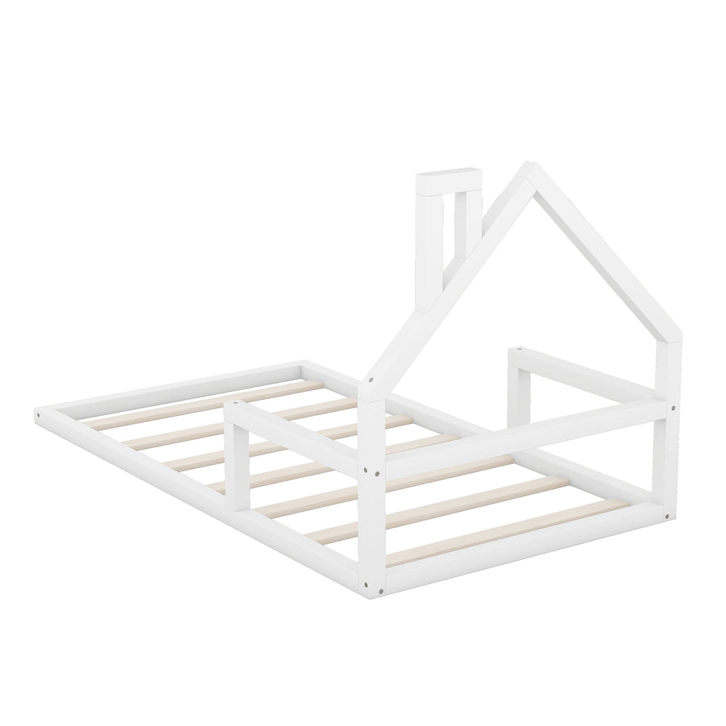 Leoglint Twin Size Wood Floor Bed Frame with House-shaped Headboard, White