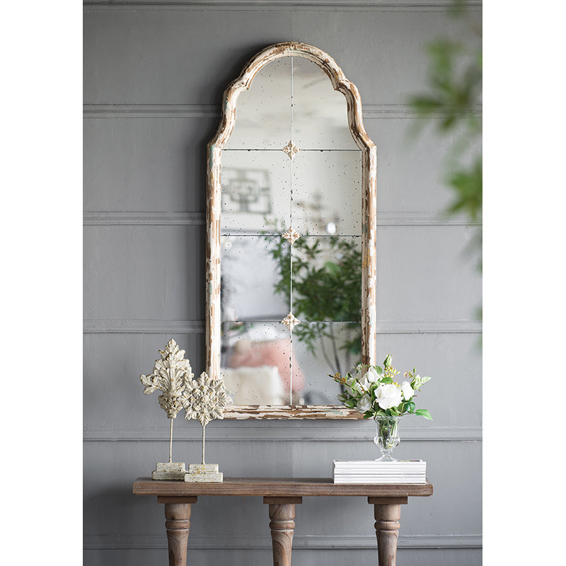 Leoglint 22" x 48" Large Cream & Gold Framed Wall Mirror, Wood Arched Mirror with Decorative Window Look for Living Room, Bathroom, Entryway