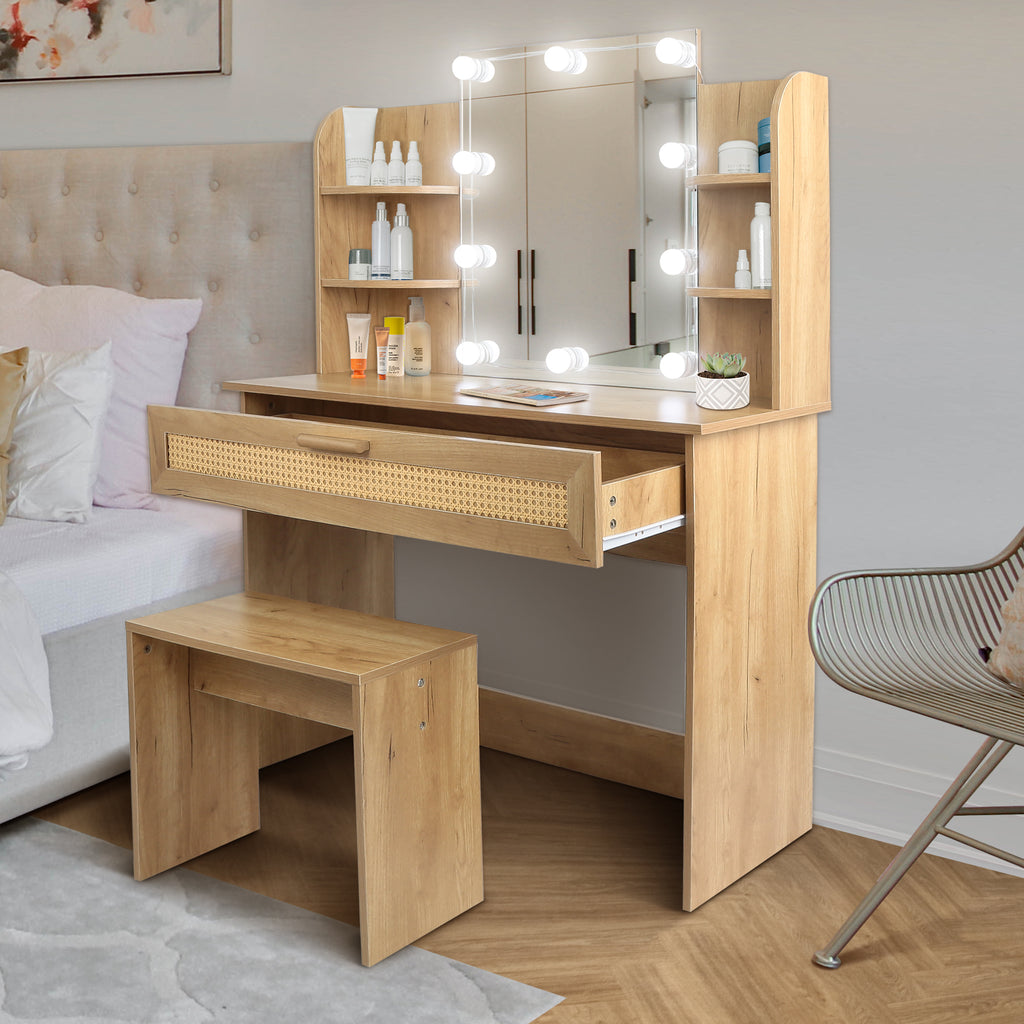 Leoglint Drawer Chest Vanity Desk Set Stool & Dressing Table with LED Lighting Mirror Drawer and Compartments Modern Wood Cosmetic Table Chest of Drawers Nature Color