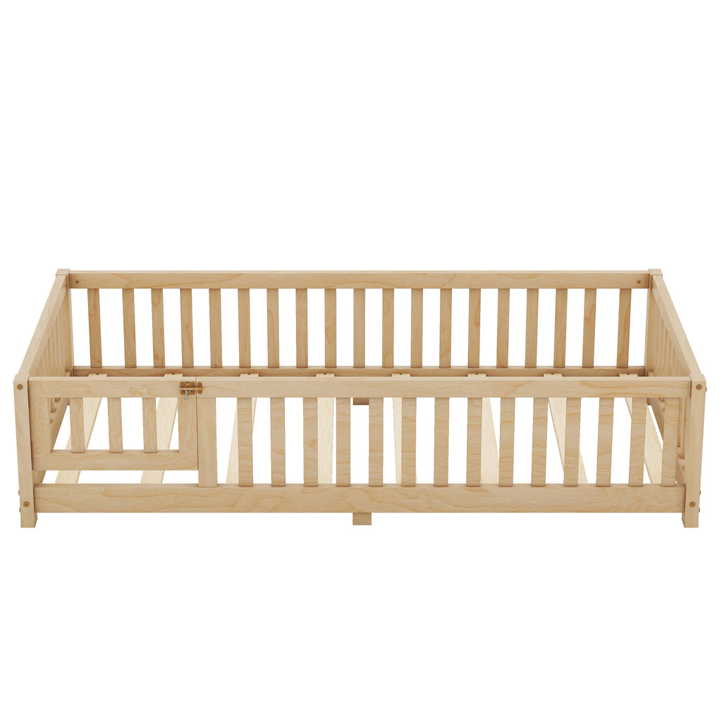 Leoglint Twin Size Bed Floor Bed Frame with Safety Guardrails and Door for Kids, Natural(Old SKU: W158090686)