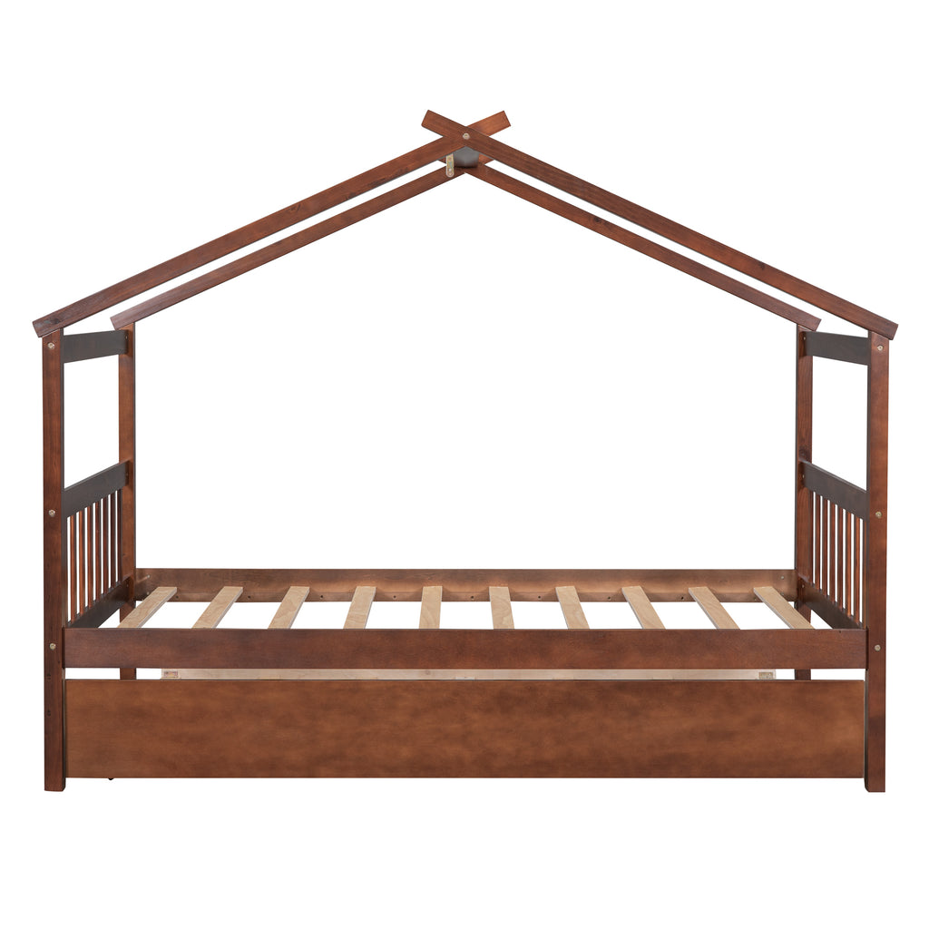 Leoglint Twin Size Wooden House Bed Frame with Twin Size Trundle, Walnut