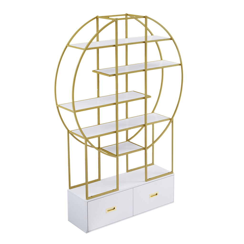 Leoglint 70.8 Inch Round Office Bookcase Bookshelf, Display Shelf, Two Drawers, Gold Frame