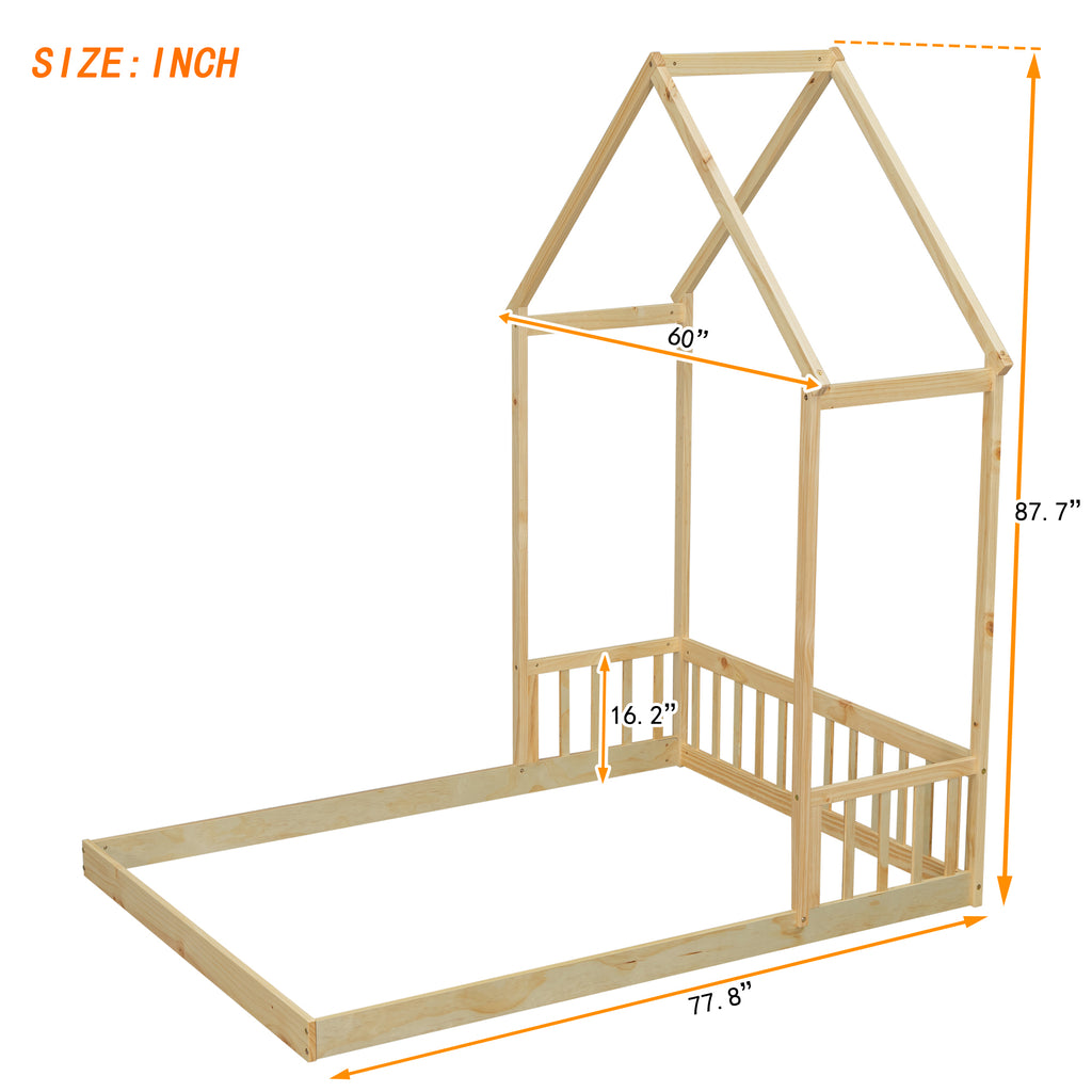 Leoglint Full Roof-framed Headboard Floor Bed with Headboard Guardrails, without Slats,Natural