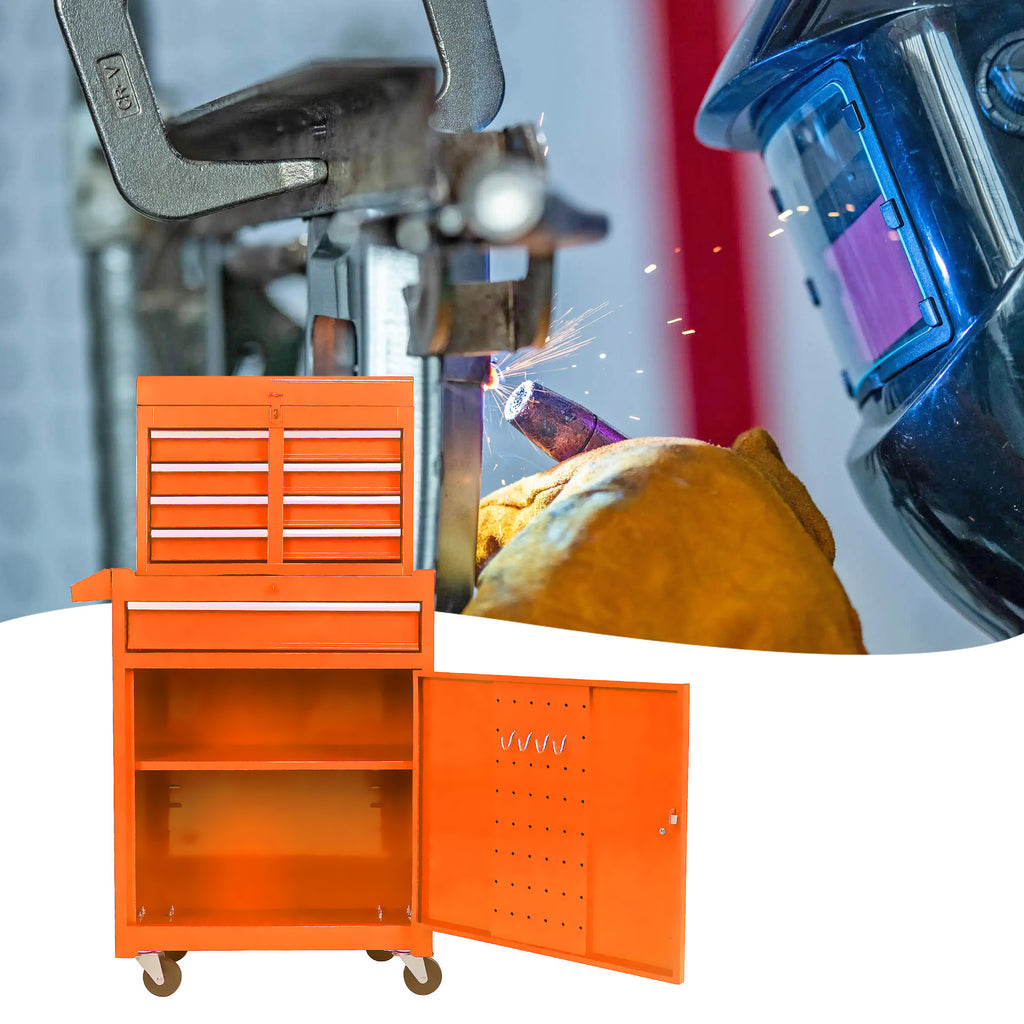 Leoglint Detachable 5 Drawer Tool Chest with Bottom Cabinet and One Adjustable Shelf--Orange