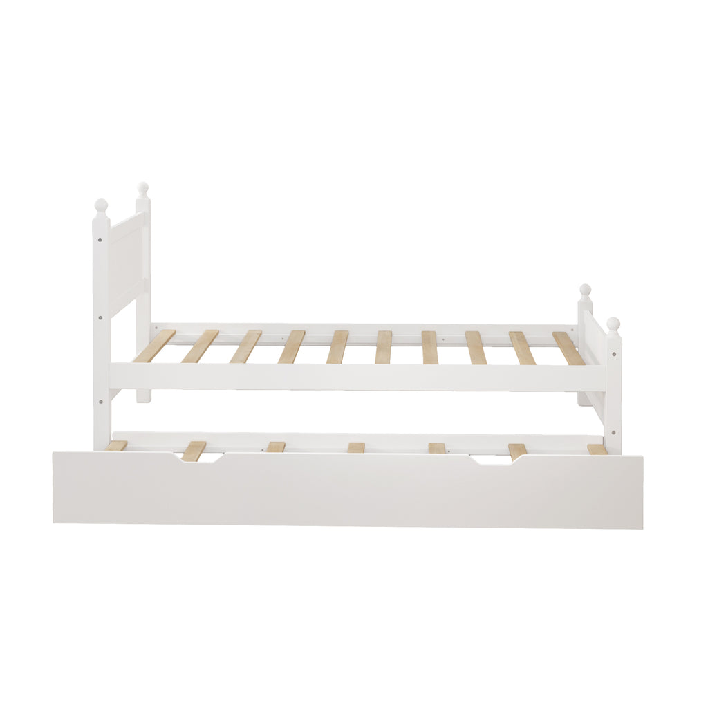 Leoglint Twin Size Solid Wood Platform Bed Frame with trundle for Limited Space Kids, Teens, Adults, No Need Box Spring, White