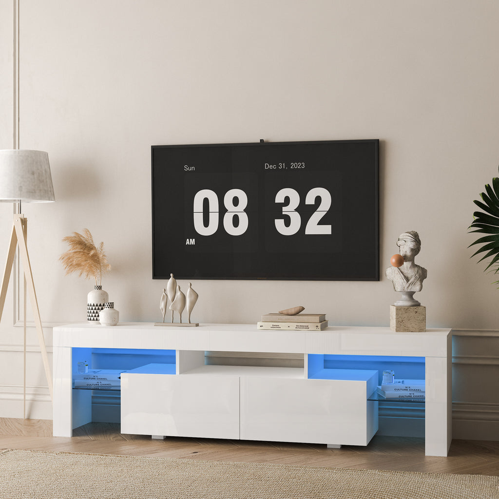 Leoglint High gloss TV Stand with LED Lights for TVs up to 65'', Modern TV Console with Storage Cabinets for Living Room