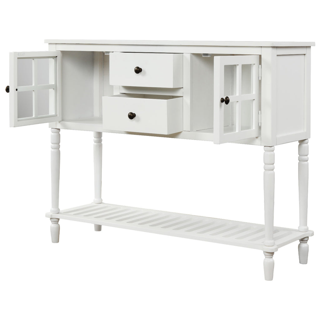 Leoglint TREXM Sideboard Console Table with Bottom Shelf, Farmhouse Wood/Glass Buffet Storage Cabinet Living Room (White)