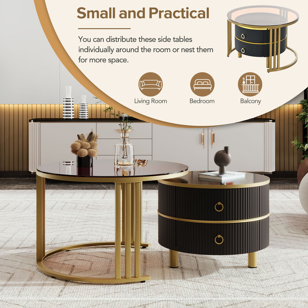 Leoglint ON-TREND Φ27.5'' & Φ19.6'' Stackable Coffee Table with 2 Drawers, Nesting Tables with Brown Tempered Glass and High Gloss Marble Tabletop, Set of 2, Round Center Table for Living Room, Black