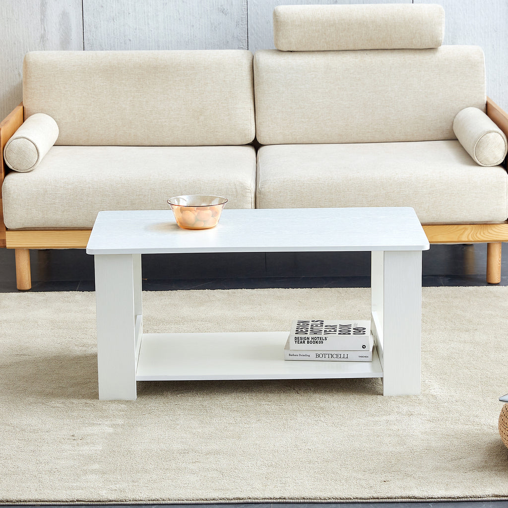 Leoglint A modern and minimalist white double layered rectangular coffee table and coffee table. MDF material is more durable and suitable for living rooms, bedrooms, and study rooms. 19.6 "*35.4"*16.5 "CT-16