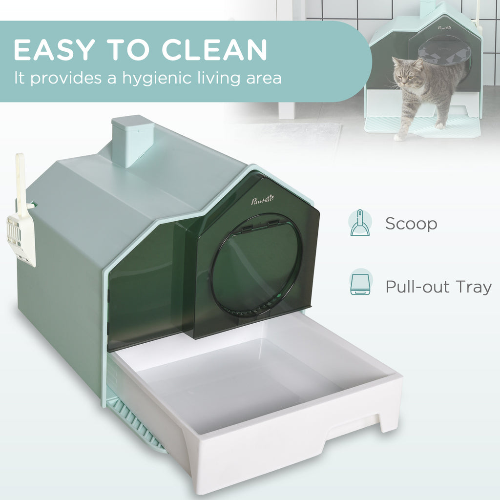 Leoglint Hooded Cat Litter Box with Kitty Litter Mat, Kitty Litter Pan with Odor Control, Easy-Clean Pull-Out Drawer, Handle, Scoop, Light Blue