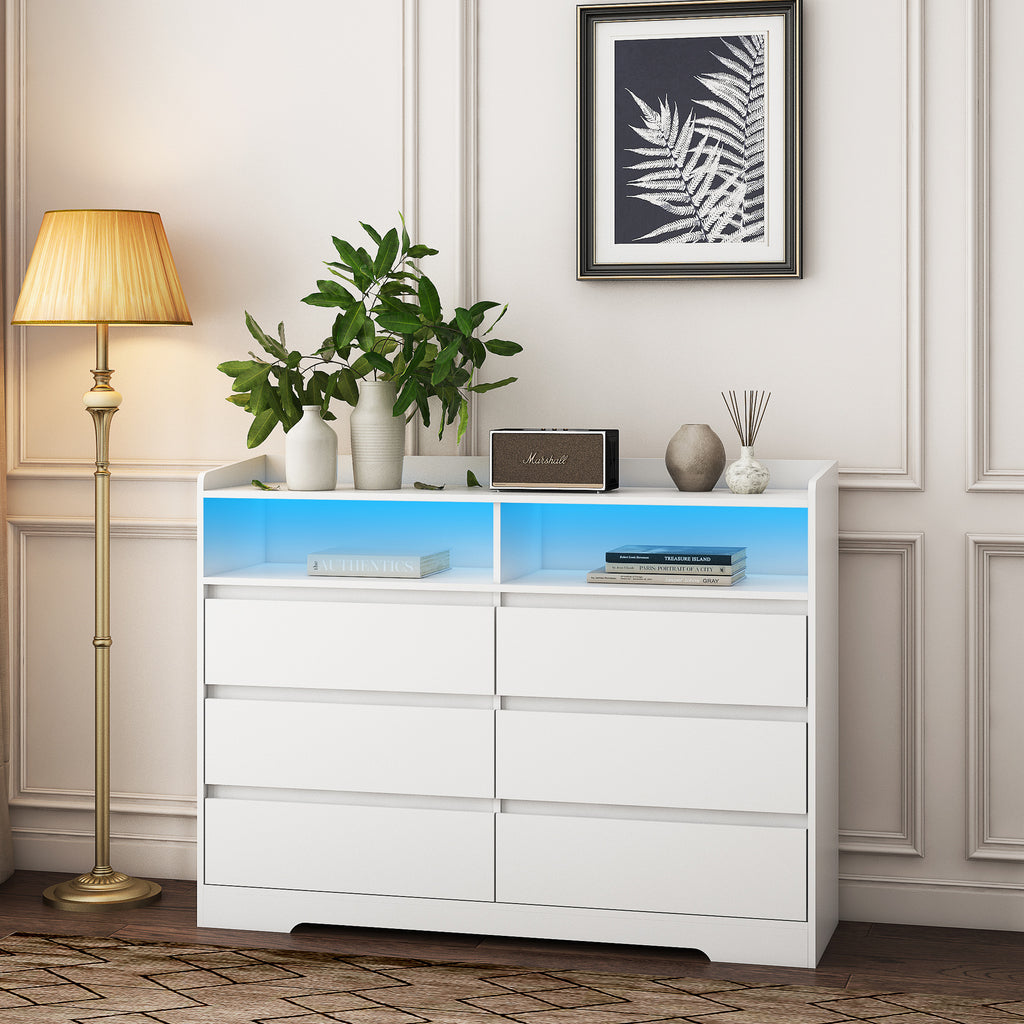 Leoglint 6 Drawer Chest Drawer Dresser, White Dresser for Bedroom with LED Lights, Modern Dressers & Chests of Drawers with Sturdy Frame for Living Room, Entryway, Hallway