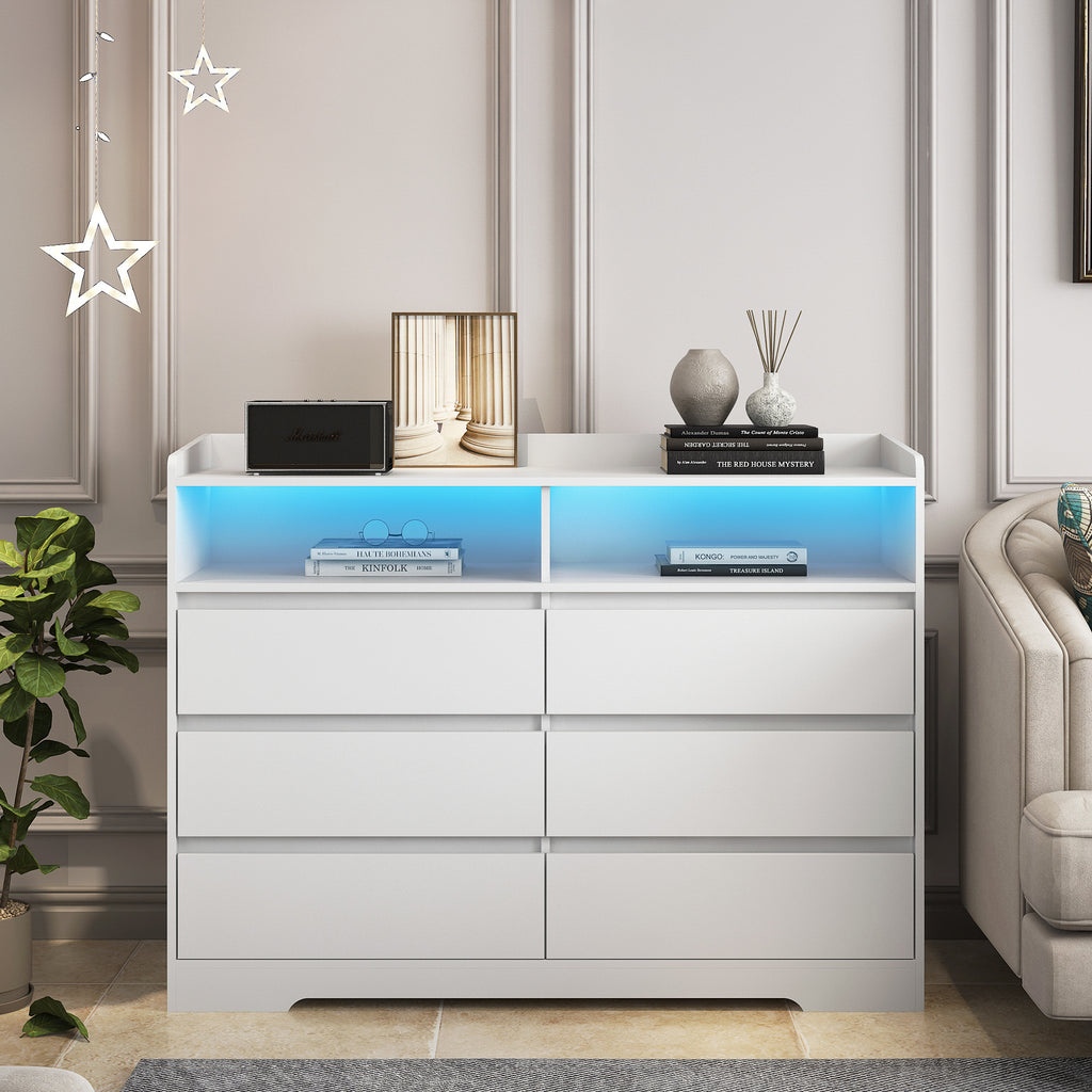 Leoglint 6 Drawer Chest Drawer Dresser, White Dresser for Bedroom with LED Lights, Modern Dressers & Chests of Drawers with Sturdy Frame for Living Room, Entryway, Hallway