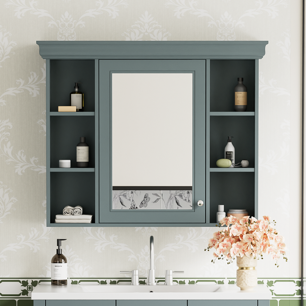 Leoglint 35'' x 28'' Blue Wall Mounted Bathroom Storage Cabinet with Mirror Door, Modern Bathroom Wall Cabinet with Mirror, Medicine Cabinet with 6 Open Shelves