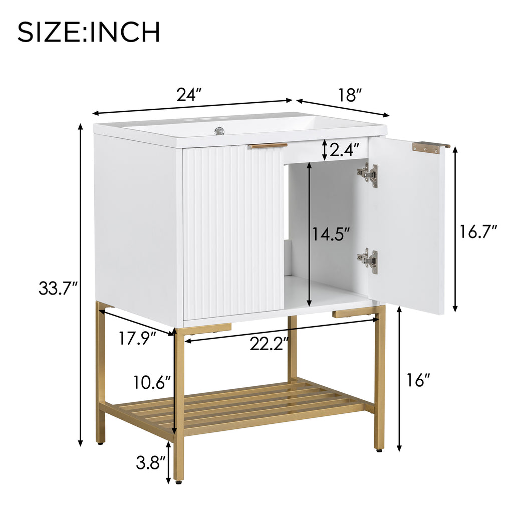 Leoglint 24" Bathroom Vanity with Sink, Bathroom Vanity Cabinet with Two Doors and Gold Metal Frame, Open Storage Shelf, White