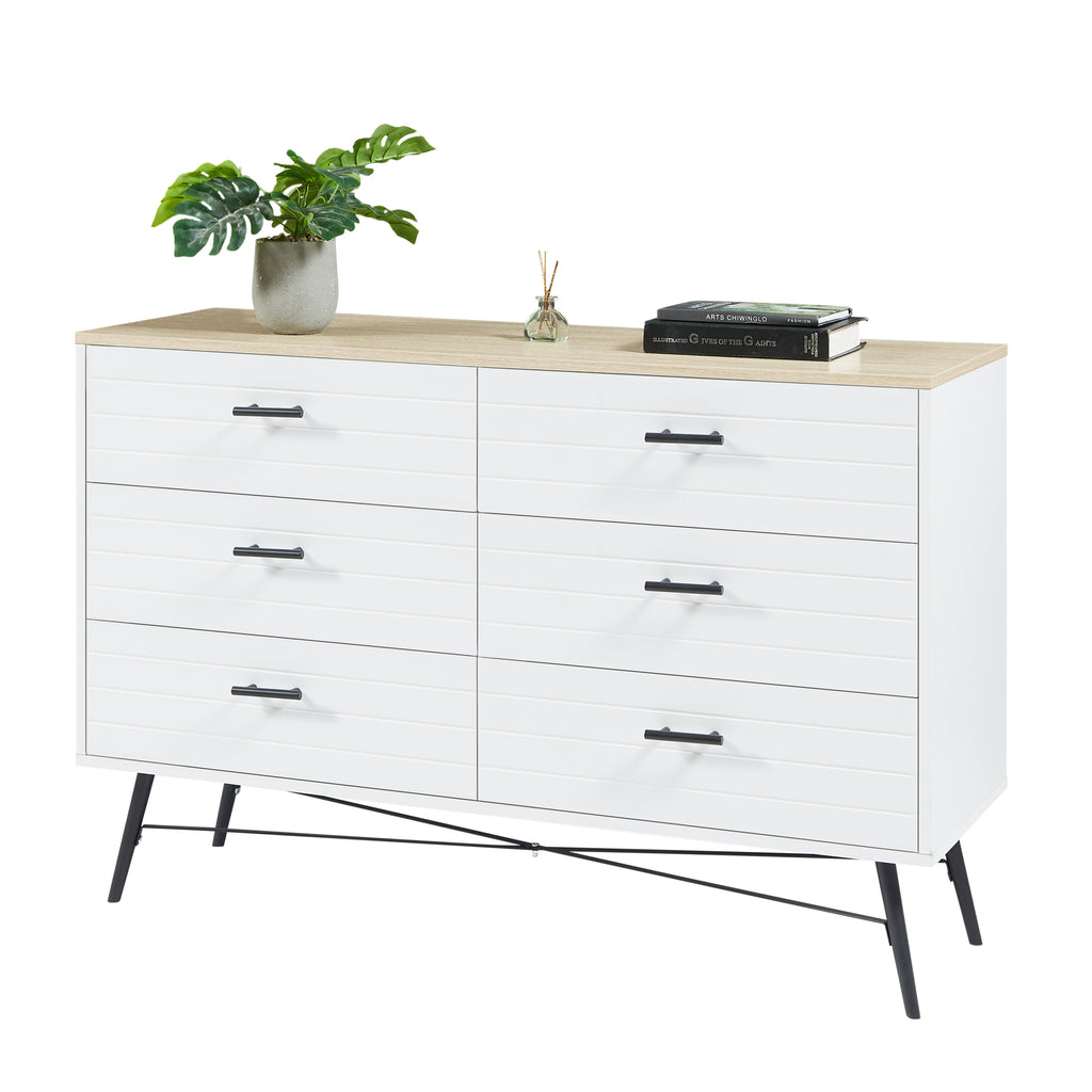 Leoglint 6 Drawer Chest Drawer Dresser for Bedroom with Deep Drawers, Wood Dressers & Chest of Drawers, Modern White Long Dressers for Closet Living Room, 47.2"W x 15.7"D x 31.5"H, White & oak