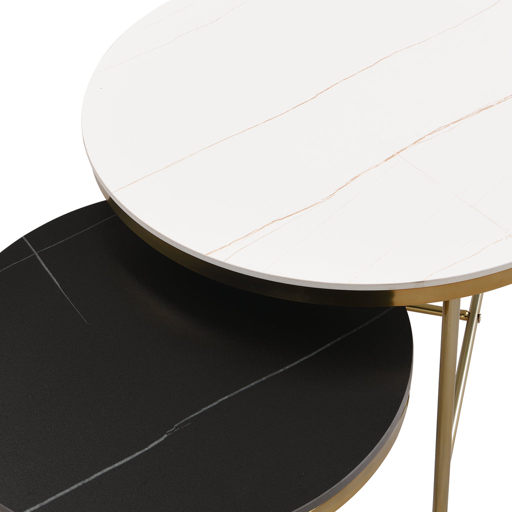 Leoglint Modern Round Nesting Coffee Table Set 2-Piece Black & White Sintered Stone Top Gold Base in 23.6''&17.7''