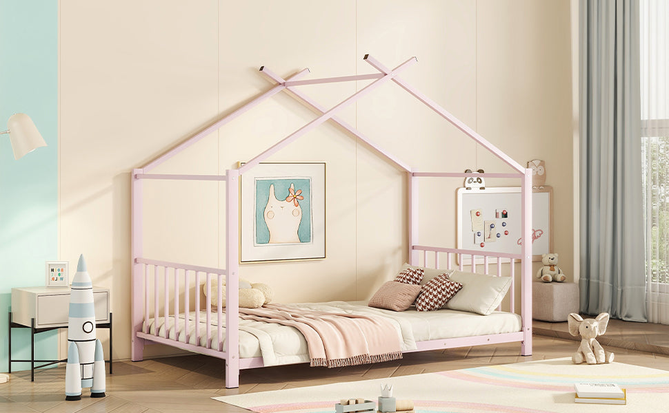 Leoglint Twin Size Metal House Platform Bed Frame, Pink