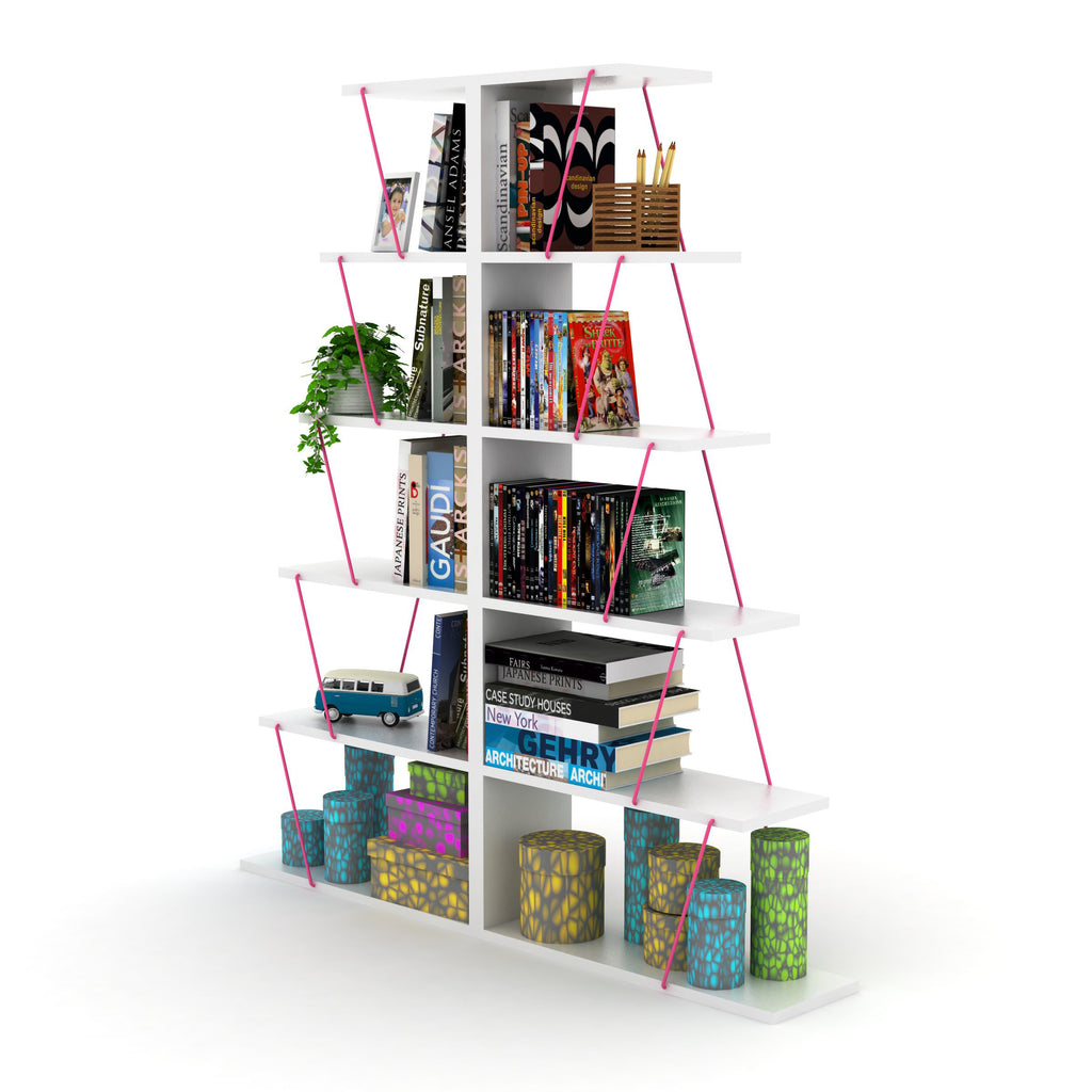 Leoglint Furnish Home Store Modern 5 Tier Ladder Bookshelf Organizers, Narrow Bookshelf for Small Spaces Office Furniture Bookcase ,White/Pink