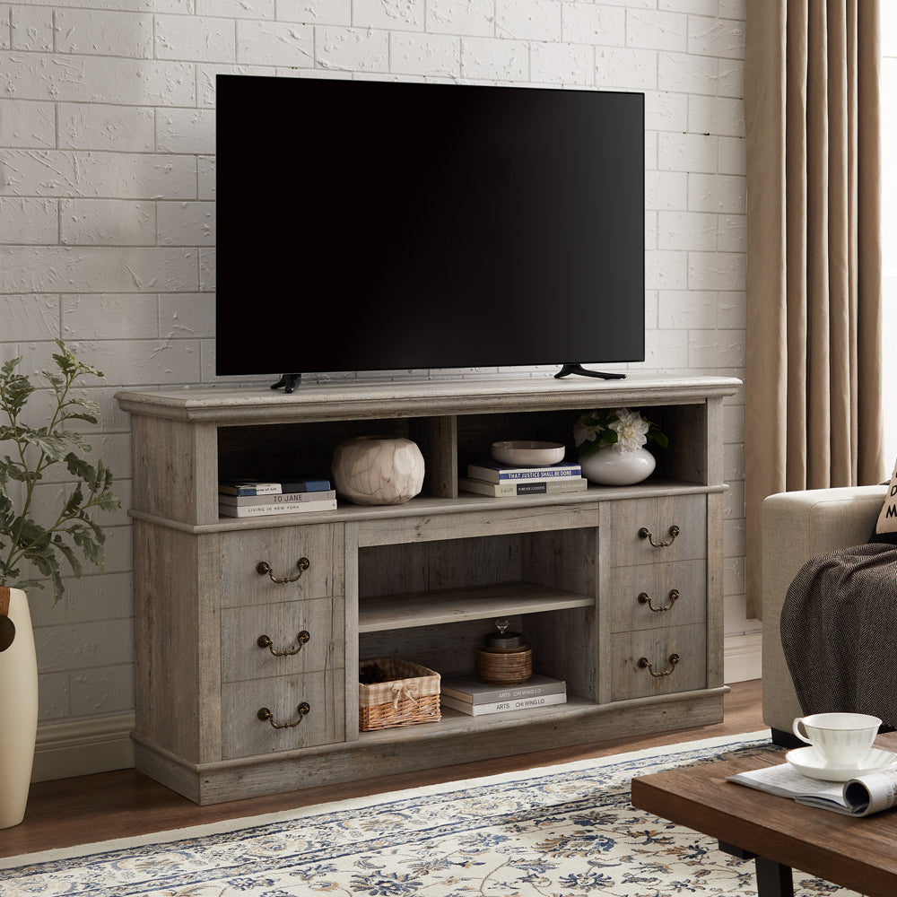 Leoglint Traditional TV Stand Farmhouse Rustic Entertainment Console for TV Up to 65" with Open and Closed Storage Space, Light Gray, 60"W*15.75"D*34.25"H