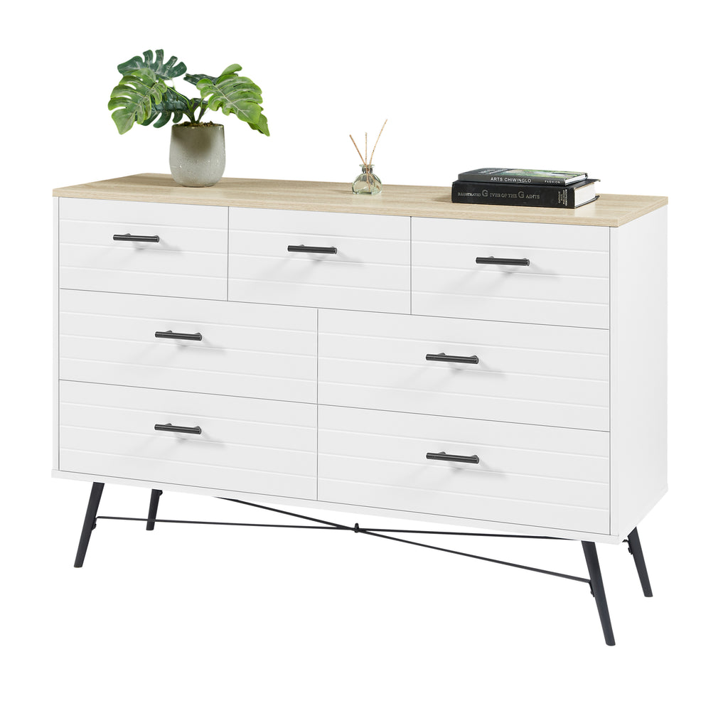 Leoglint 7 Drawer Chest Drawer Dresser for Bedroom with Deep Drawers, Wood Dressers & Chest of Drawers, Modern White Long Dressers for Closet Living Room, 47.2"W x 15.7"D x 31.5"H, White & oak