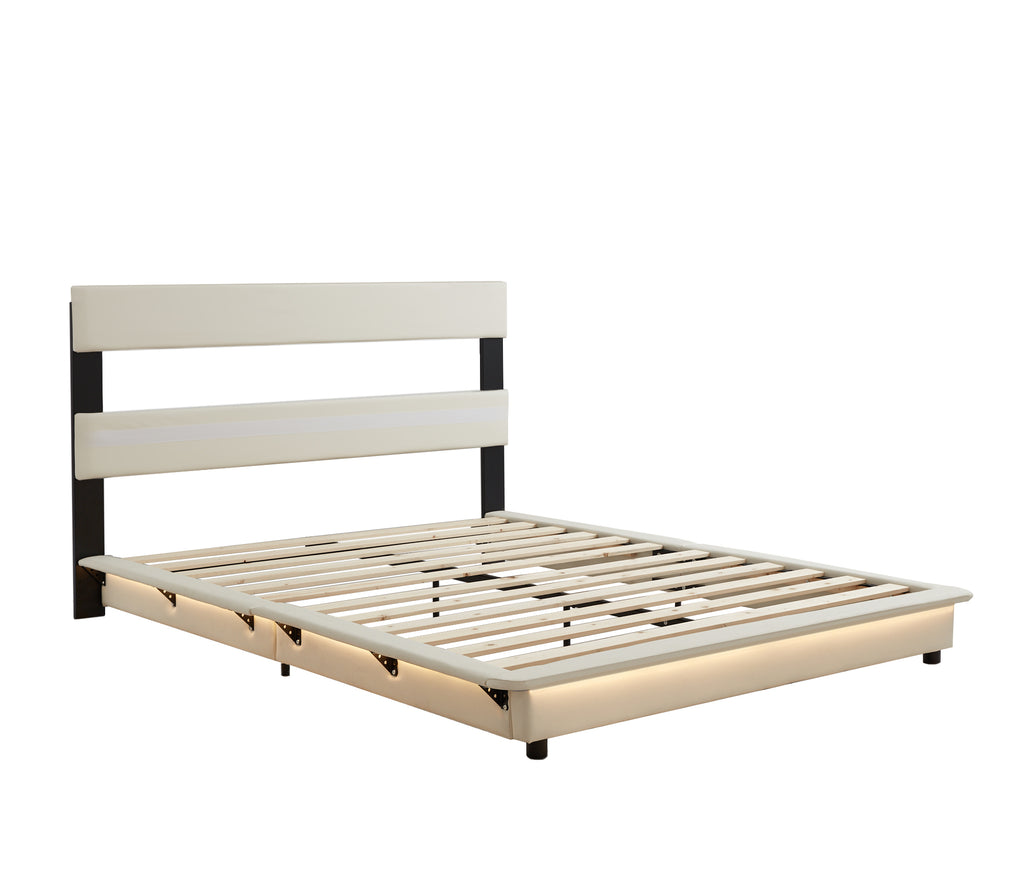 Queen Size Upholstered Platform Bed Frame with Sensor Light and Ergonomic Design Backrests, White