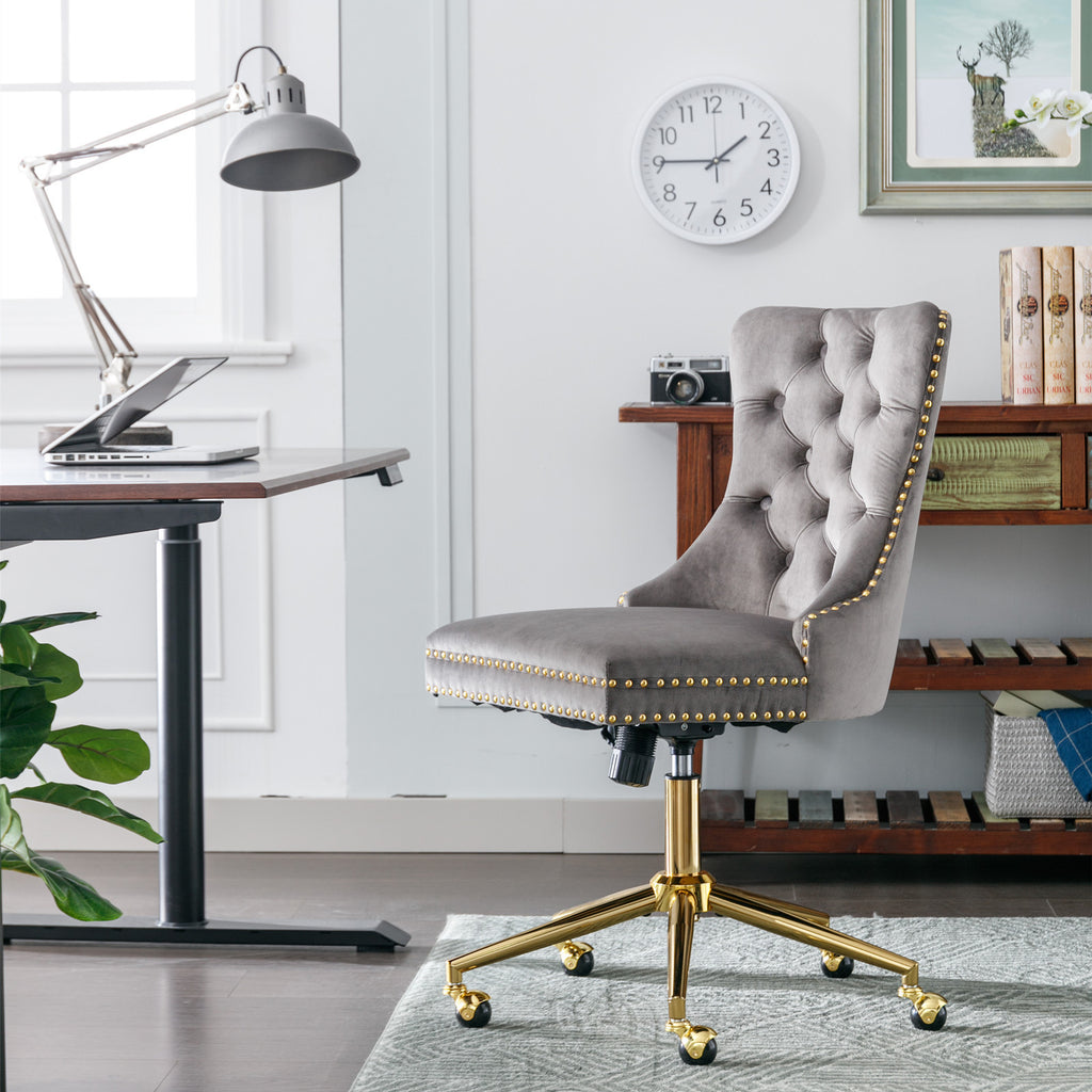 Leoglint A&A Furniture Office Chair,Velvet Upholstered Tufted Button Home Office Chair with Golden Metal Base,Adjustable Desk Chair Swivel Office Chair (Gray)