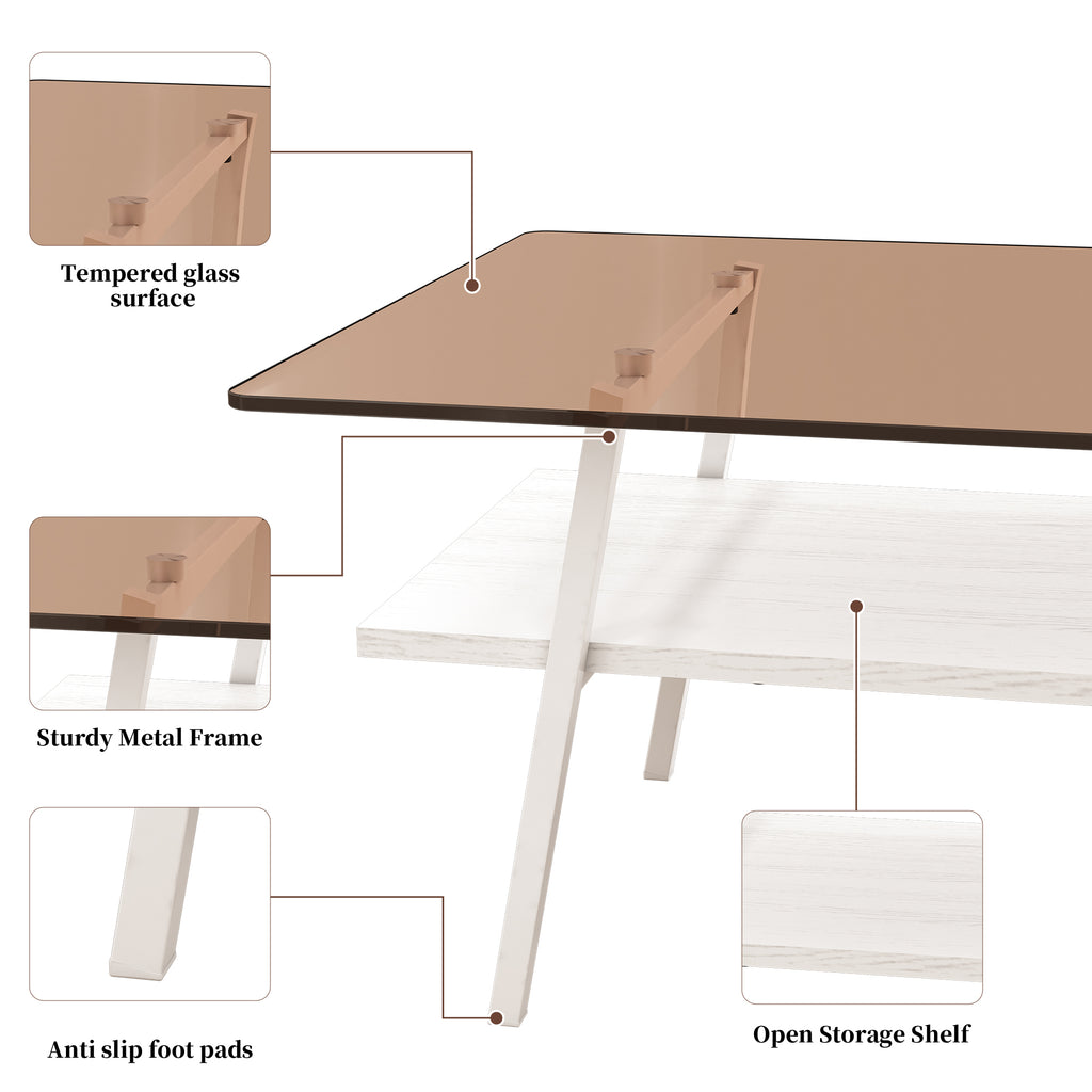 Leoglint Rectangle Coffee Table, Tempered Glass Tabletop with White Metal Legs, Modern Table for Living Room , Brown Glass