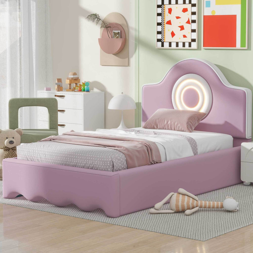 Leoglint Twin Size Upholstered Platform Bed Frame with LED Headboard, Pink