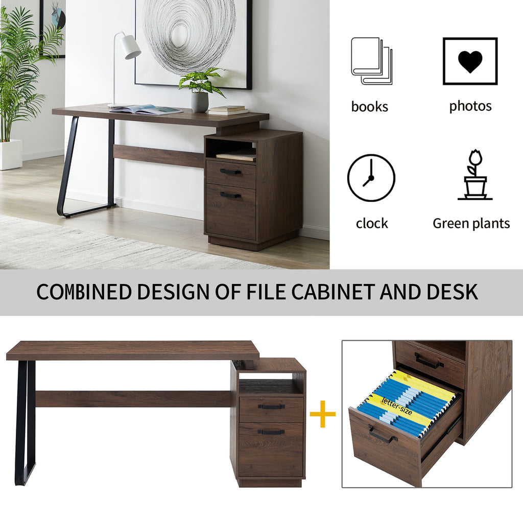 Leoglint Home Computer Office Desk with Drawers/Hanging Letter-size Files, 65 inch Writing Study Table with Drawers