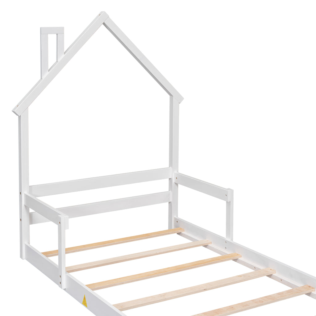 Twin House-Shaped Headboard Floor Bed Frame with Handrails ,slats,White