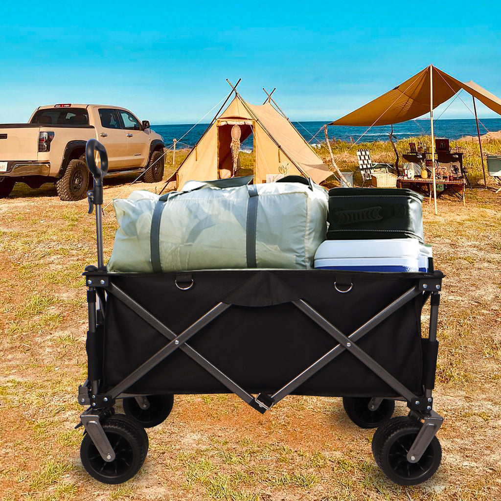 Leoglint Garden cart Folding Wagon, Heavy Duty Utility Beach Wagon Cart for Sand with Big Wheels, Adjustable Handle&Drink Holders for Shopping, Camping,Garden and Outdoor