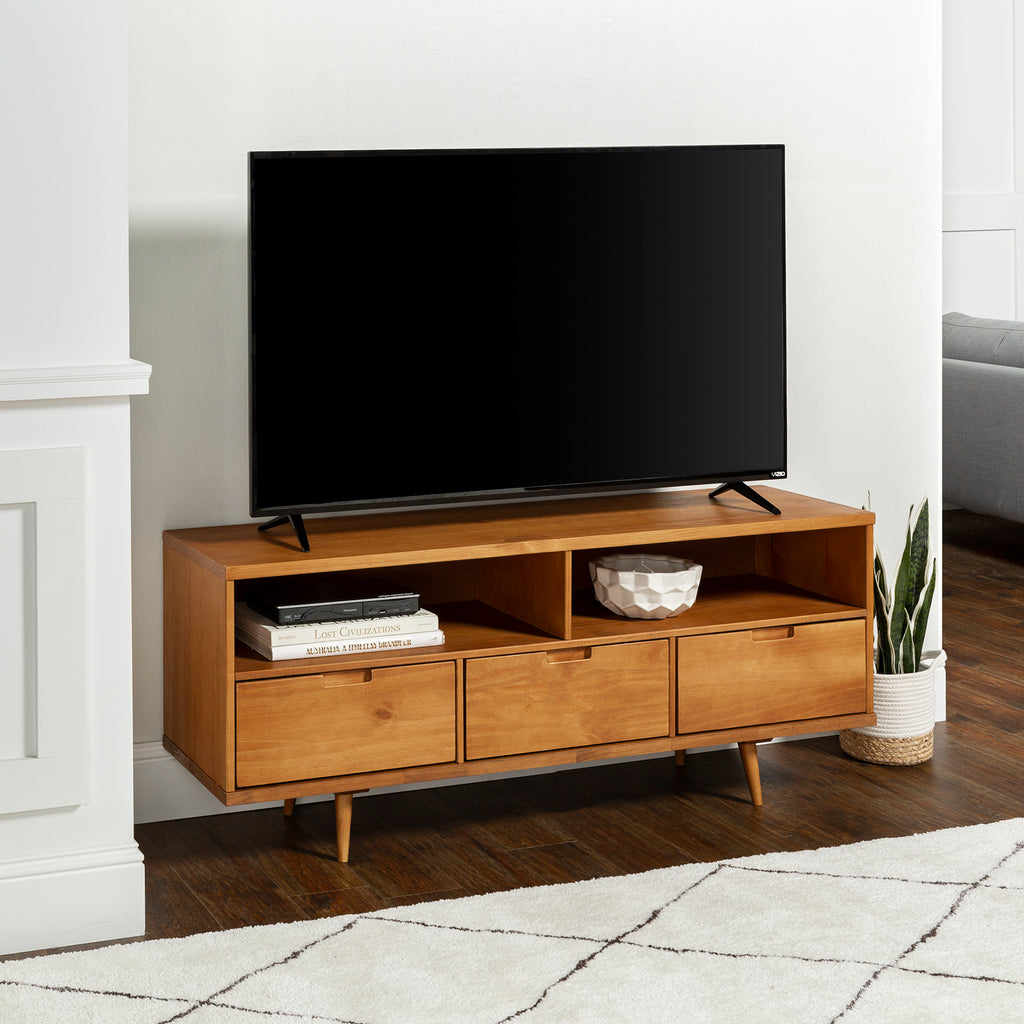 Leoglint Mid-Century Modern Solid Wood 3-Drawer 58" TV Stand for 65" TVs with 2 Open Cubbies - Caramel