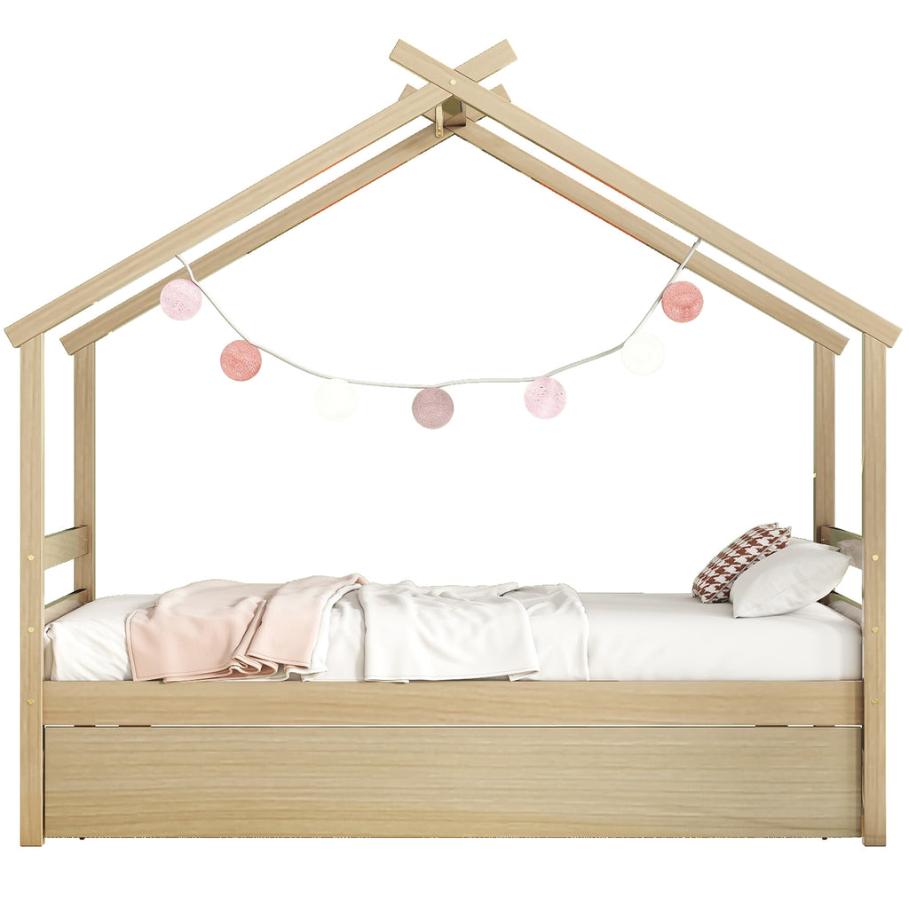 Leoglint Twin Size  House-shaped Bed Frame with Trundle,Natural