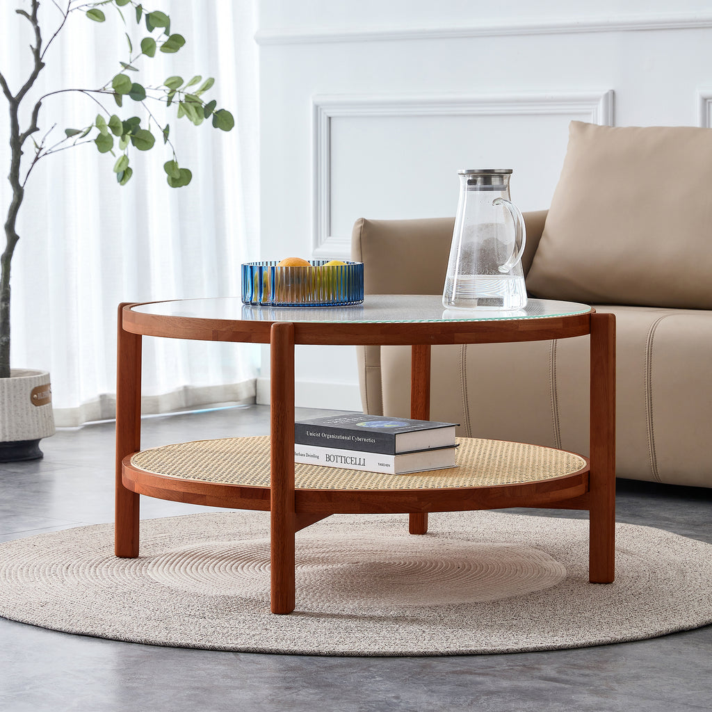 Leoglint Modern minimalist circular double-layer solid wood coffee table, craft glass tabletop, second layer material: PE rattan, solid wood frame. 34.6 '* 34.6' * 17.7''