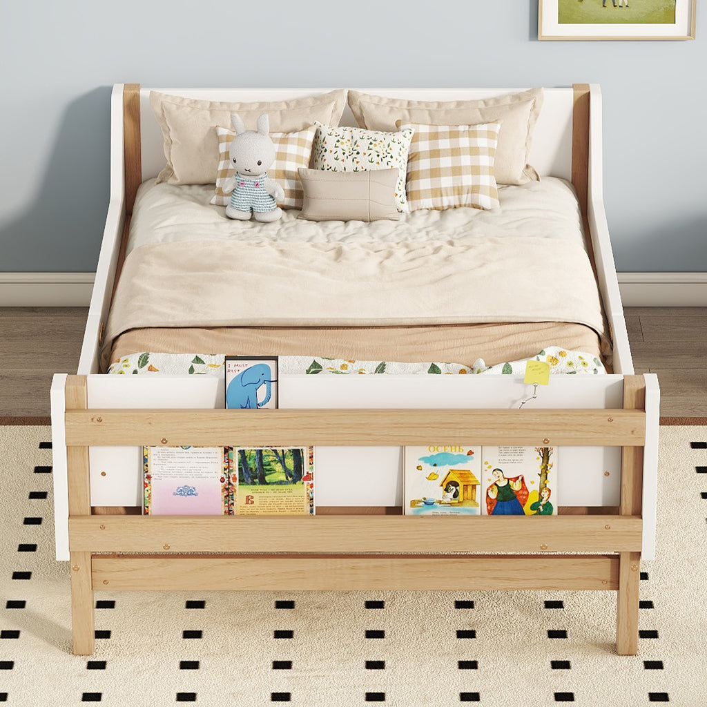 Twin Bed Frame with Headboard, Footboard, Safeguards,  Built-in Bed-end Book Storage Rack ,White