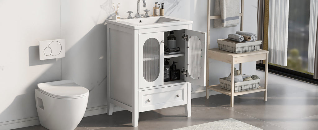 Leoglint 24" Bathroom Vanity with Sink, Bathroom Vanity Cabinet with One Drawer and Doors, Adjustable Shelf, Solid Wood and MDF, White