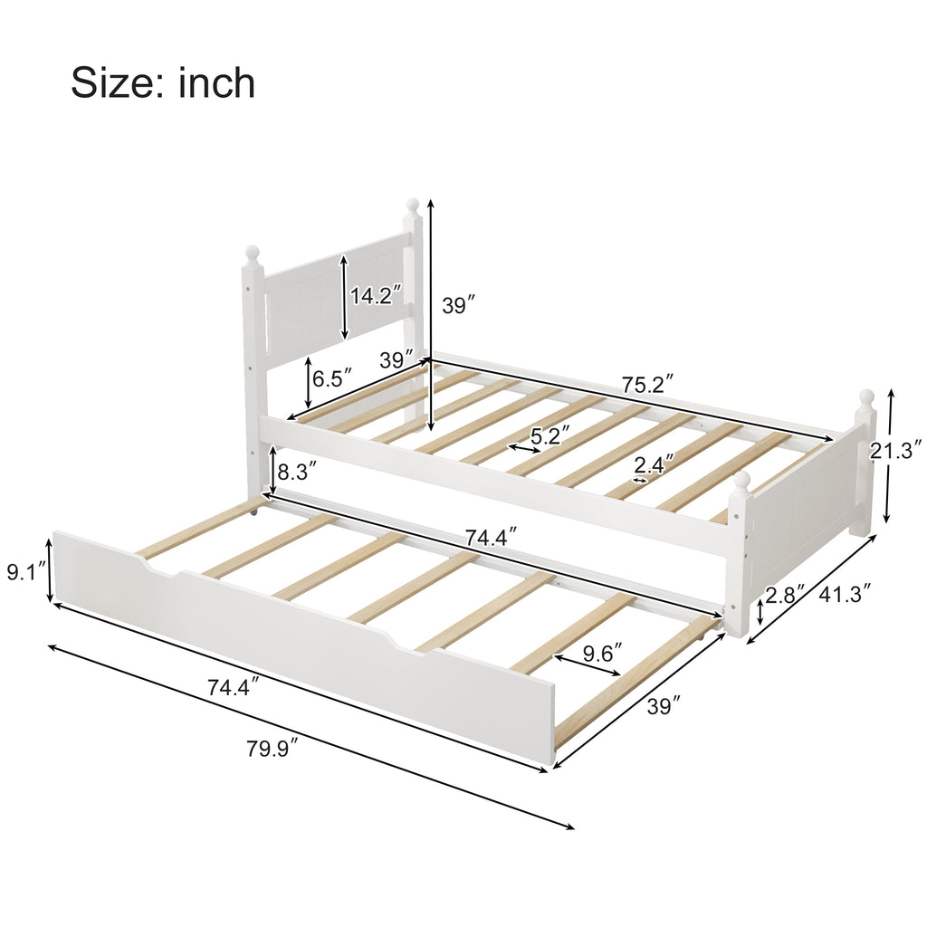 Leoglint Twin Size Solid Wood Platform Bed Frame with trundle for Limited Space Kids, Teens, Adults, No Need Box Spring, White