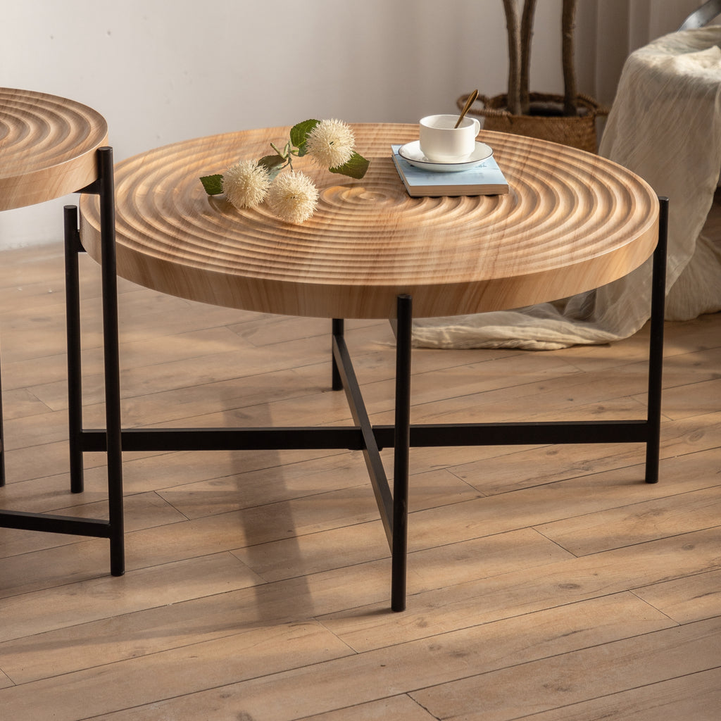 Leoglint Modern Thread Design Round Coffee Table , MDF Table Top with Cross Legs Metal Base(Set of 2 pcs )