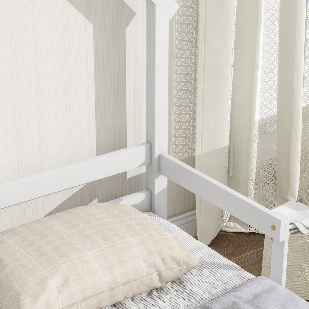 Twin House-Shaped Headboard Floor Bed Frame with Handrails ,slats,White