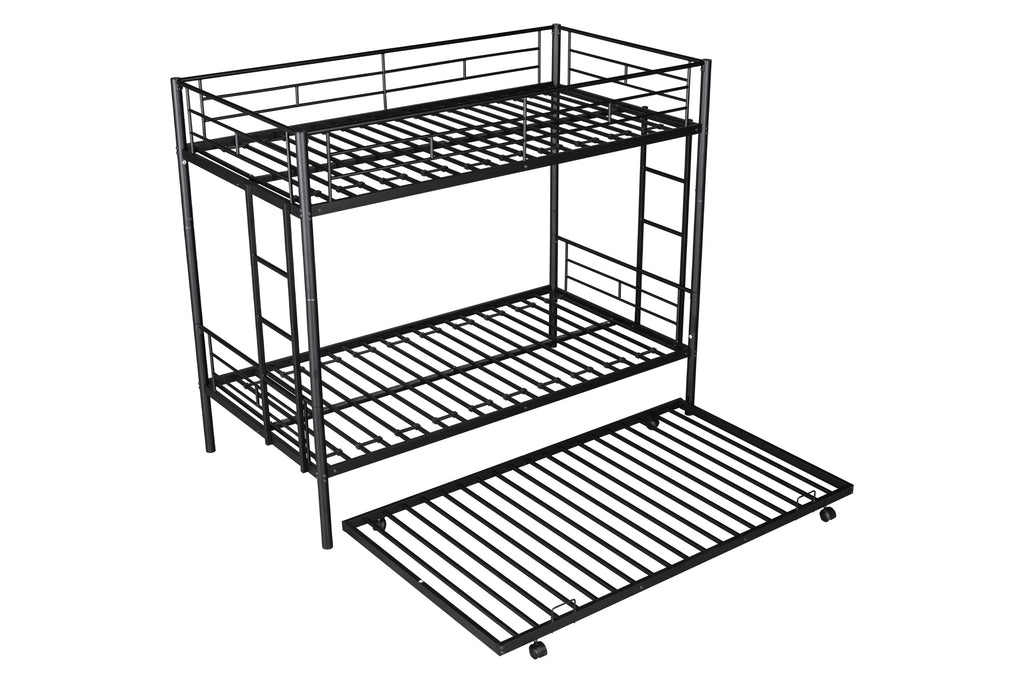 Metal Twin over Twin Bunk Bed Frame with Trundle/Can Be Separated into 2 Twin Beds/ Heavy-duty Sturdy Metal/ Noise Reduced/ Safety Guardrail/ Trundle for Flexible Space/ Bunk Bed for Three/ CPC Certified