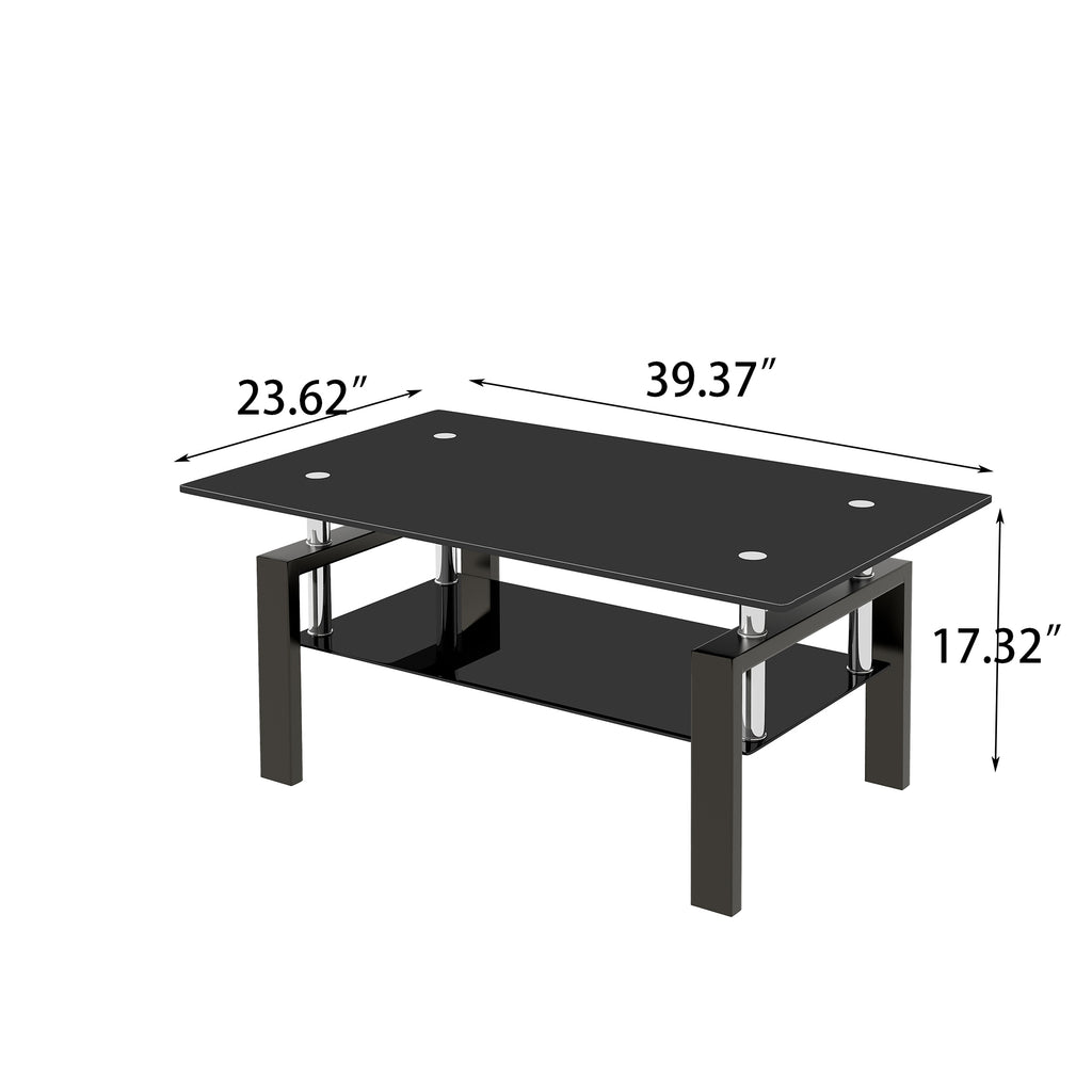 Leoglint Black Tempered Glass Coffee Table, 2 Layer Storage Tea Table