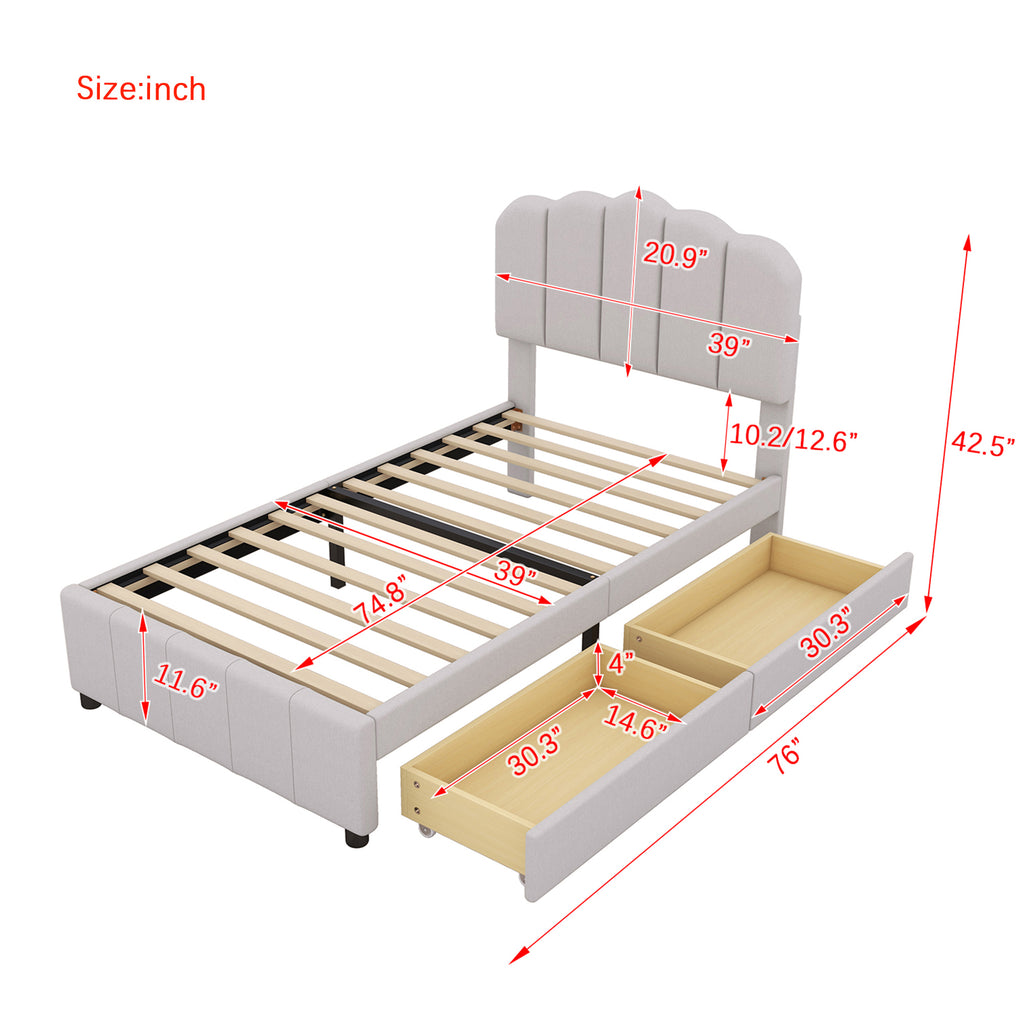 Leoglint Twin Size Upholstered Bed Frame with 2 Storage Drawers,Wood Slat Support, Beige