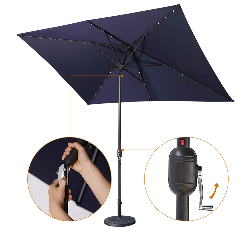 Leoglint Outdoor Umbrella Waterproof Rectangular Patio Umbrella and Solar Lights 6.5 ft. x 10 ft. , 26 LED lights, Push Button Tilt, Crank in NAVY BLUE