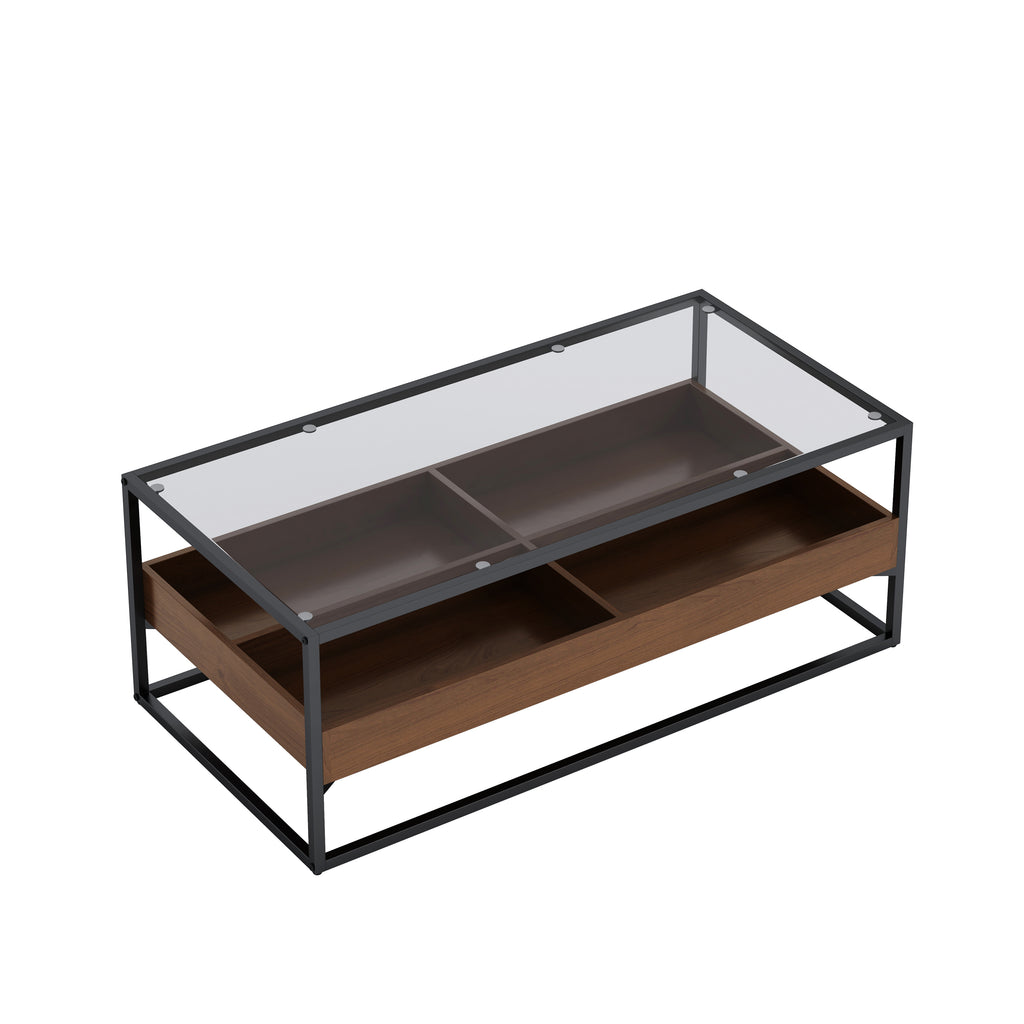 Leoglint 47.24"Rectangle Glass Coffee Table with storage shelf and metal table legs , Home Furniture for Living Room